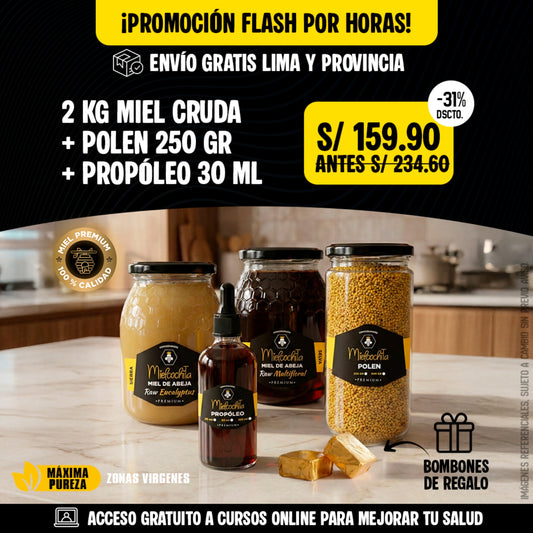#2 PROMO FLASH: 2 KG MIEL + PROPÓLEO 30 ML + POLEN 250 GR