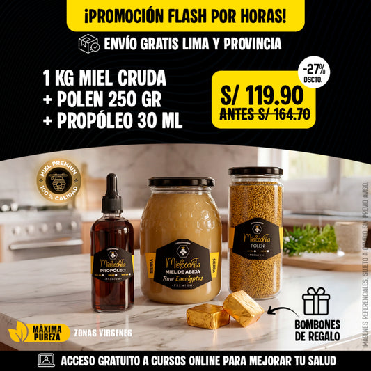 #1 PROMO FLASH: 1 KG MIEL + PROPÓLEO 30 ML + POLEN 250 GR