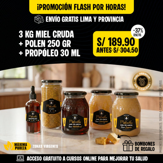 #3 PROMO FLASH: 3 KG MIEL + PROPÓLEO 30 ML + POLEN 250 GR