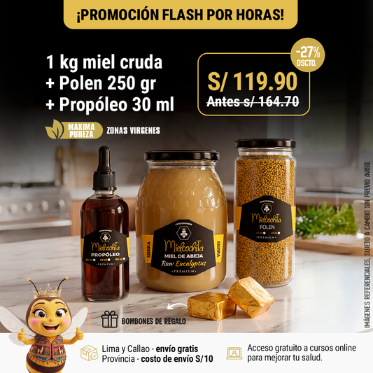 #1 PROMO FLASH: 1 KG MIEL + PROPÓLEO 30 ML + POLEN 250 GR