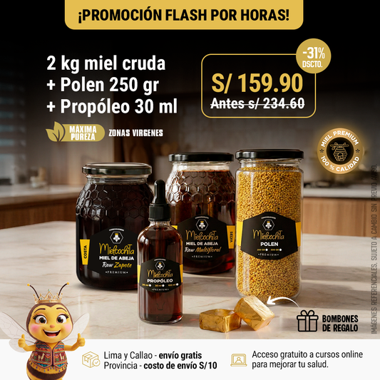 #2 PROMO FLASH: 2 KG MIEL + PROPÓLEO 30 ML + POLEN 250 GR